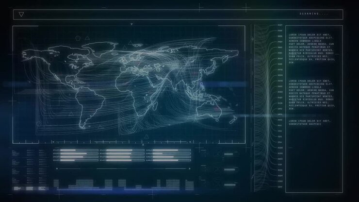 Animation of interface with data processing and world map against blue background