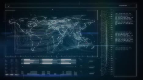 animación de la interfaz con el procesamiento de datos y el mapa del mundo contra fondo azul