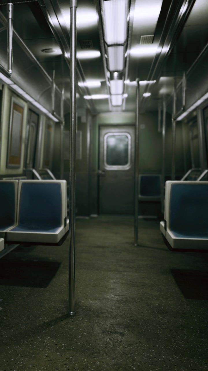 Vagone della metropolitana vuoto durante un viaggio notturno in città.