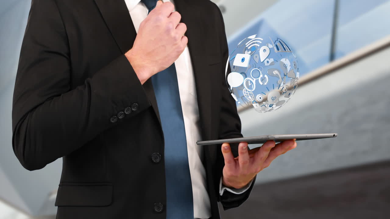 вращающийся глобус с иконками над планшетом 4k