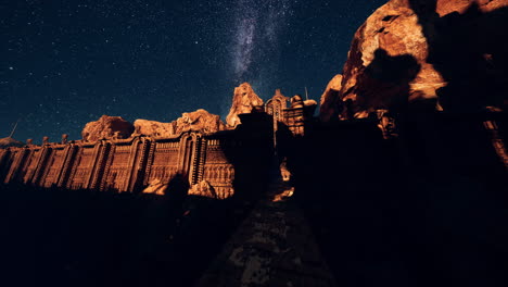 un edificio de piedra con una puerta bajo la vía láctea por la noche