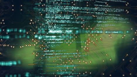 animación del procesamiento de datos y las conexiones del microprocesador contra un fondo verde.
