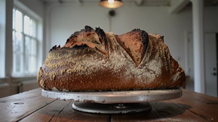 Rotating metal cake turntable after push, revealing sourdough loaf on wooden table to show scoring