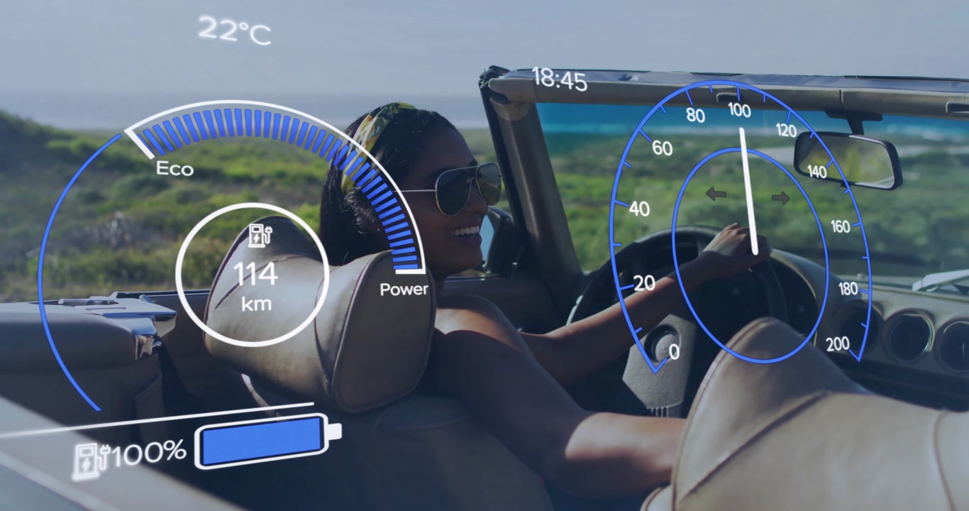 Driving convertible car, woman enjoying summer, speedometer and battery level animation over scene