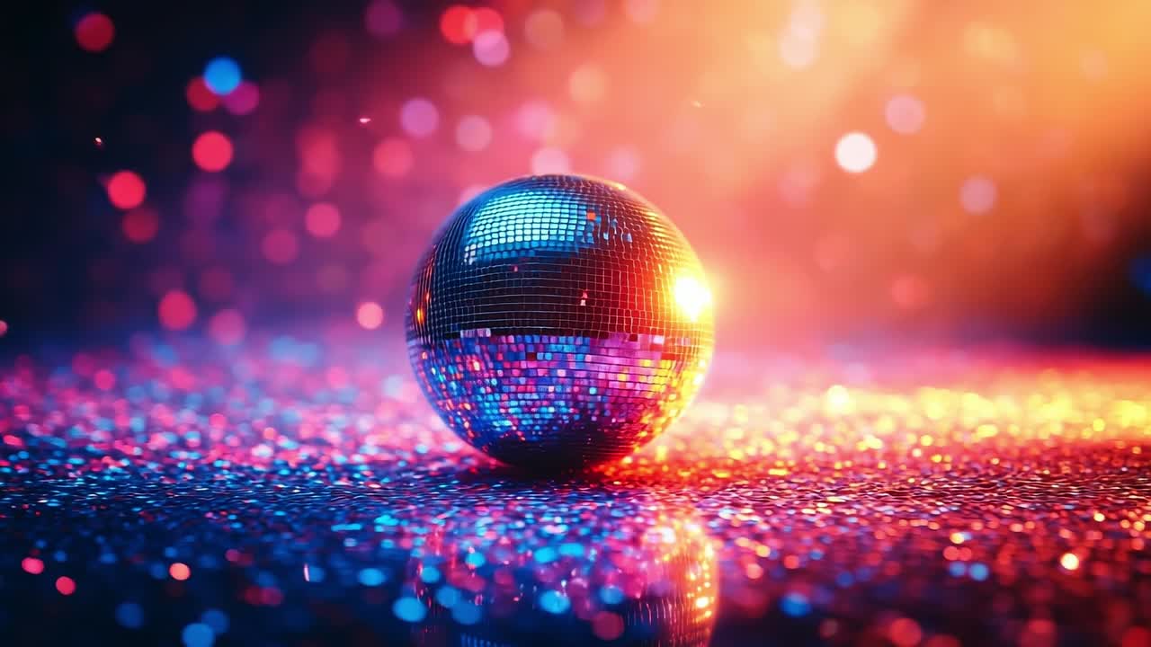 Bright lights on disco ball. A shiny disco ball stands out amidst colorful lights and glittering reflections at a lively dance party.