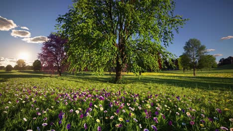 flowering meadow at sunset