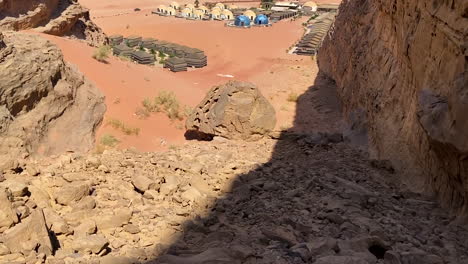 Bedouin-Camp-Tents-in-Dry-Desert-Valley-of-Wadi-Rum-Protected-Area,-Jordan