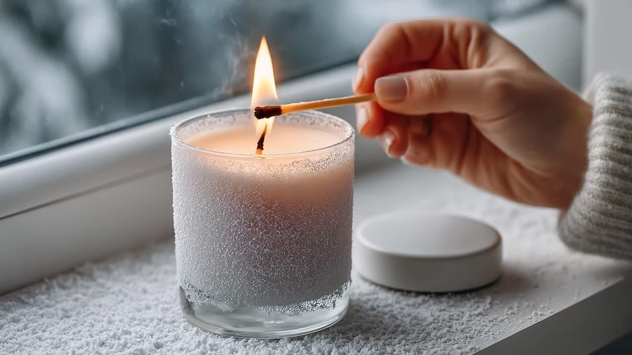 A Cozy Winter Scene Featuring a Hand Lighting a Candle, Exuding Warmth Against a Chilly Backdrop of Snow and Frost on a Windowsill