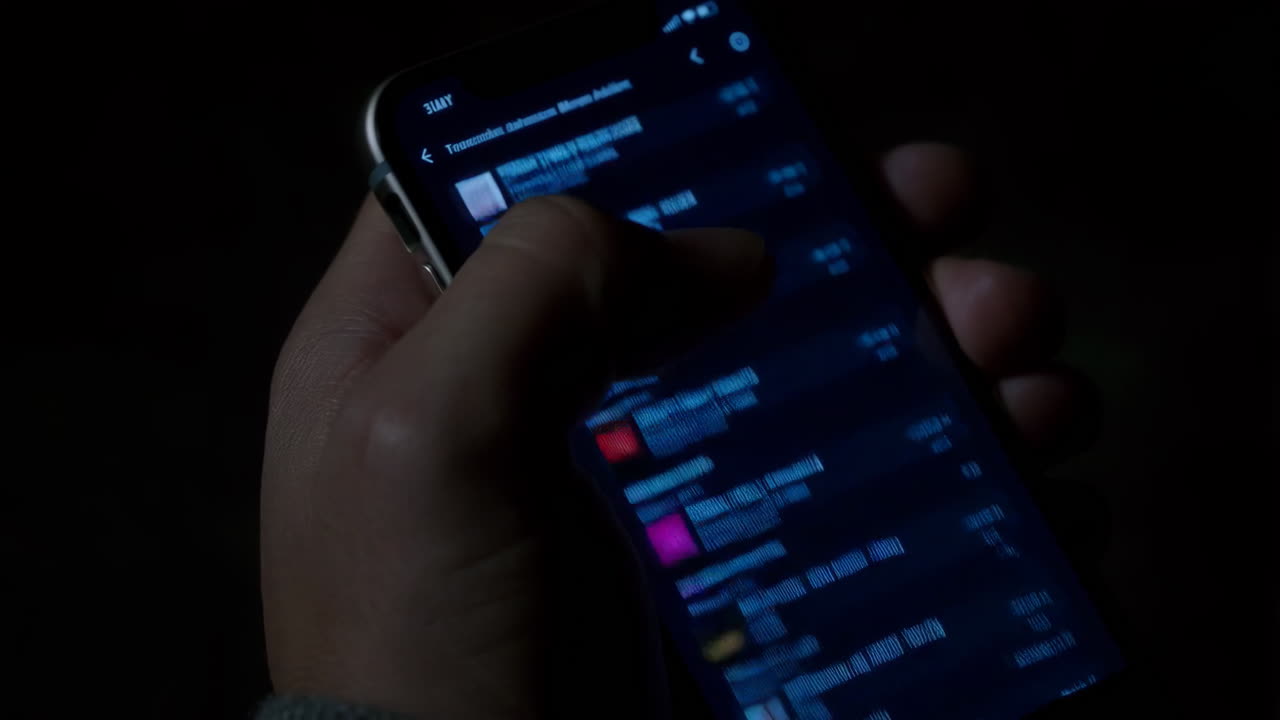 Hand holding smartphone and browsing in the dark