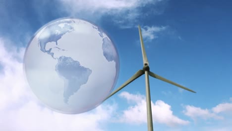 animation of globe over wind turbine in countryside