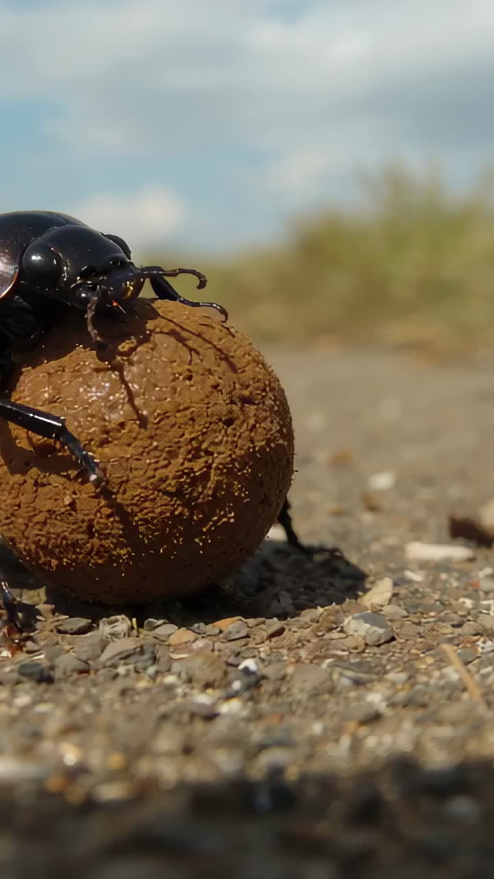 Vertical video: Pushing dung beetle climbing onto dung ball and rolling along gravel path to grass