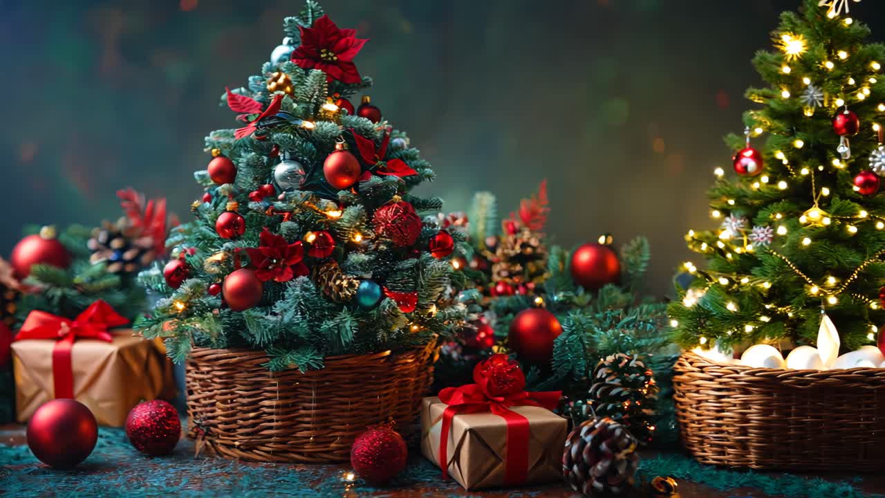 A small Christmas tree with red and blue ornaments sits on a table next to a few boxes