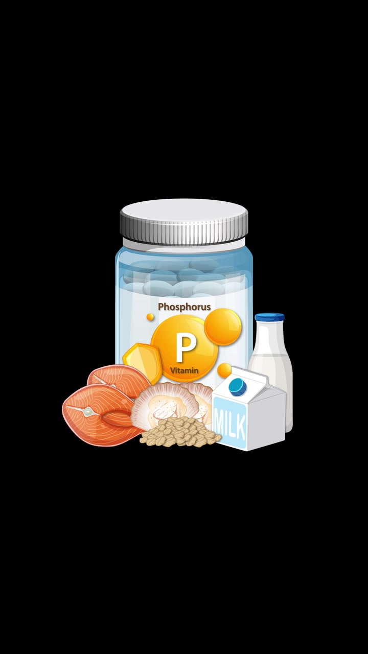 Phosphorus supplement bottle gradually surrounded by salmon, cauliflower, grains, and milk on black background