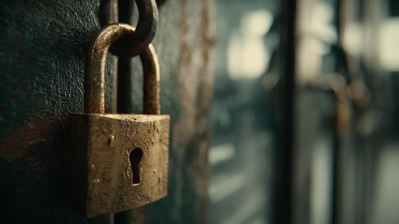 Close-Up of a Rusty Lock Highlighting Intricacies of Security and Protection in Industrial Setting, Conveying Themes of Access and Secrecy