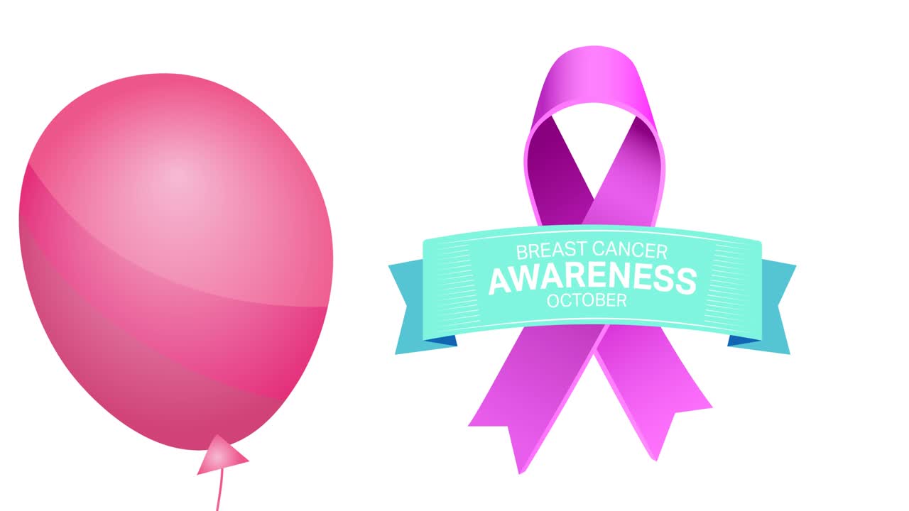 animación de un globo rosa volando sobre el logotipo de la cinta rosa y el texto del cáncer de mama