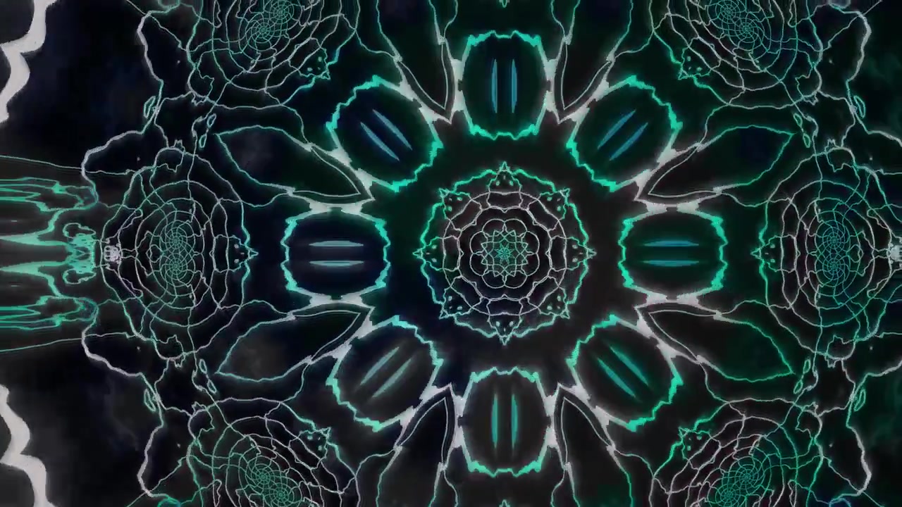Värikäs kaleidoskooppinen kuvio, jossa on monimutkaisia muotoja ja kuvioita tummalla taustalla. Eloisat linjat luovat dynaamisen visuaalisen efektin.