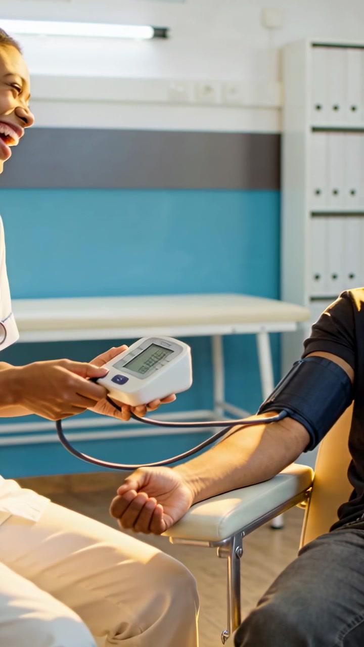 Video verticale: Infermiera che avvia la misurazione della pressione sanguigna in divisa medica in clinica per i parametri vitali, con il bracciale.