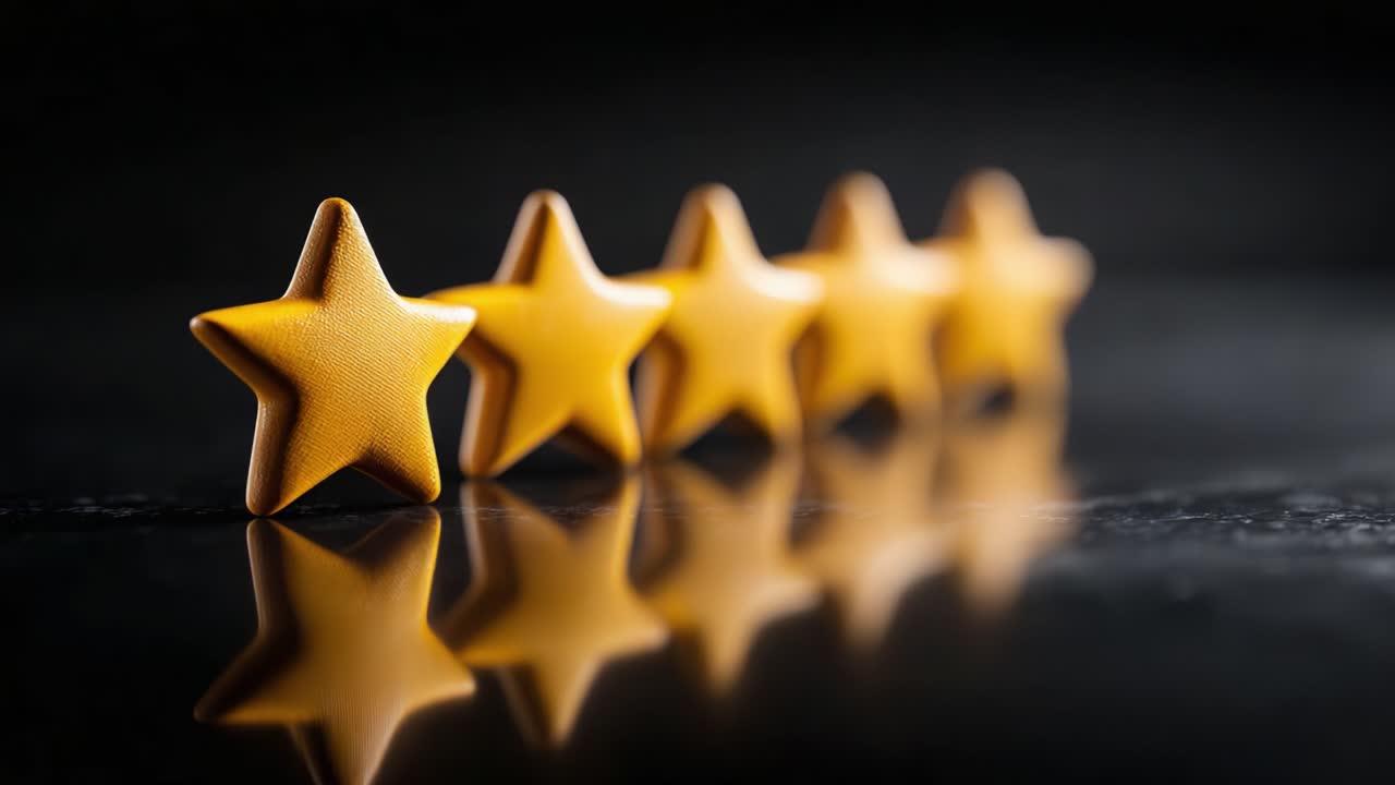 A Captivating Display of Golden Stars Reflecting on a Dark Surface, Elegantly Arranged in a Line to Emphasize Shimmering Beauty and Artistic Design