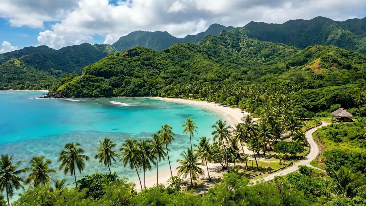 Tropical Beach Paradise with Mountains and Palm Trees