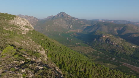 aerial view of mountain valley with lush forest and fields