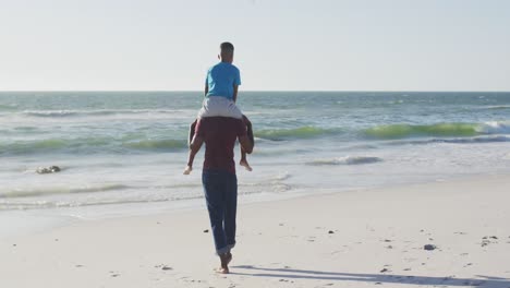 Video-De-Un-Padre-Afroamericano-Llevando-A-Su-Hijo-En-Brazos-Y-Caminando-Por-La-Playa