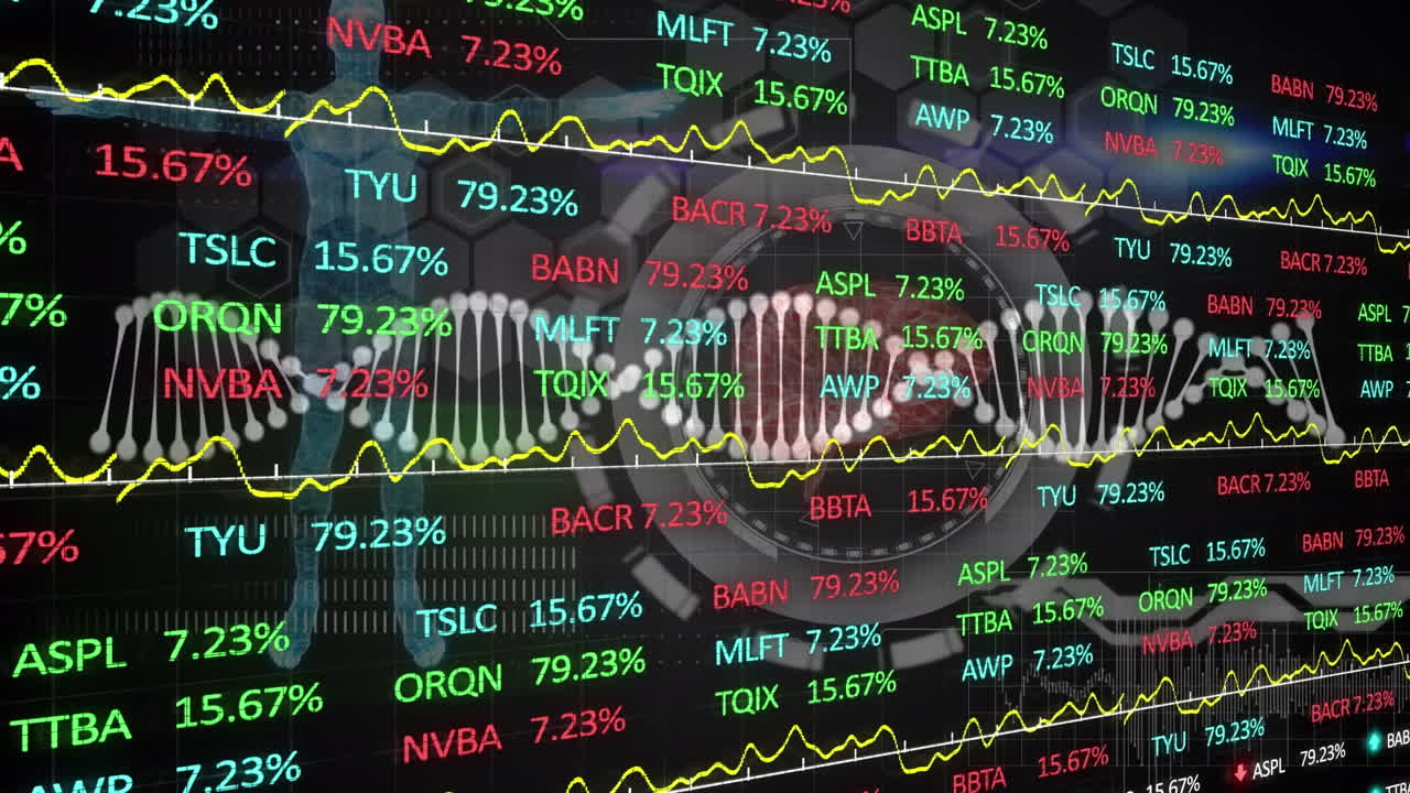 검은 바탕에 있는 dna 가닥 위의 데이터 처리의 애니메이션