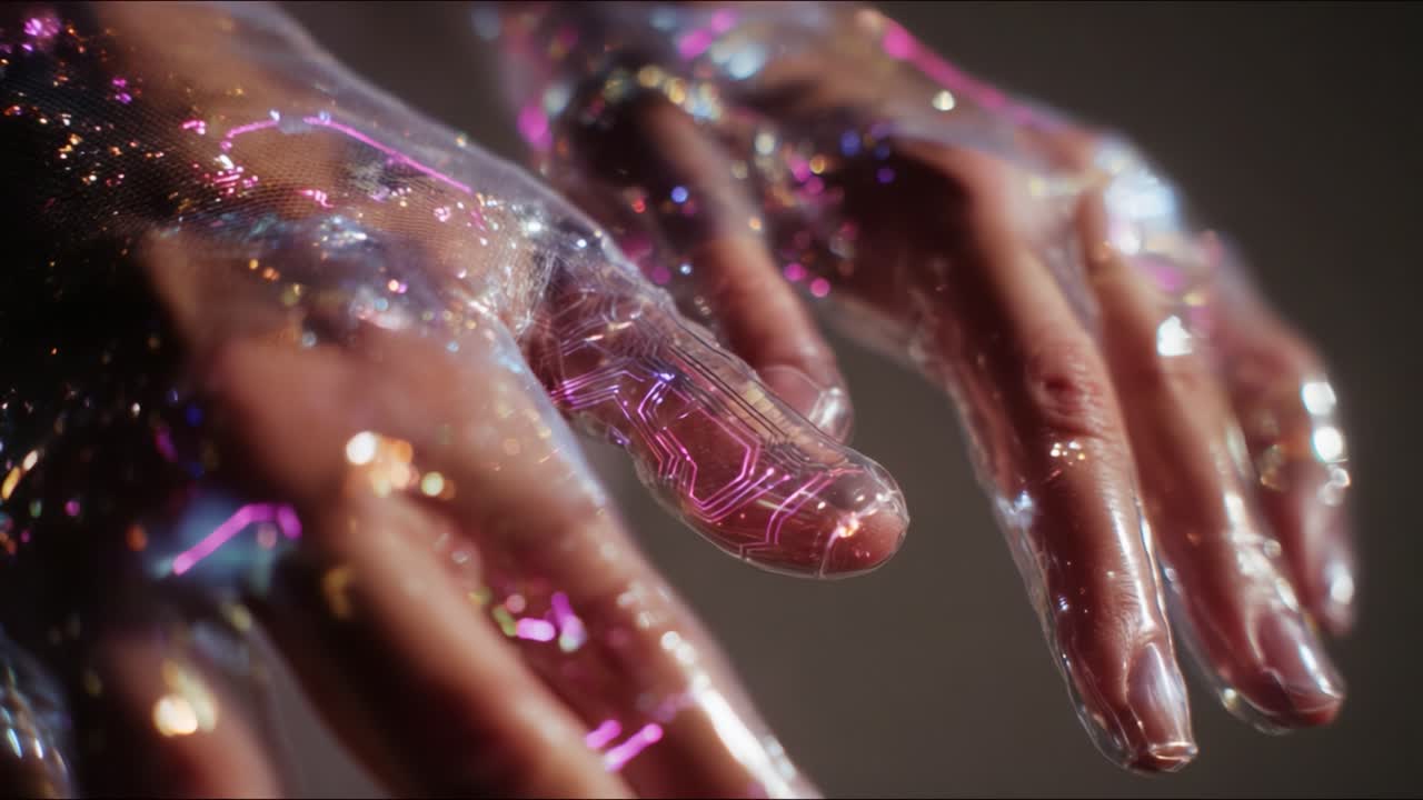 A Stunning Display of Technology and Artistry: Hands Adorned with a Futuristic, Glittering Surface with Intricate Patterns Captured in Mesmerizing Detail, Showcasing the Intersection of Human and Digital Worlds
