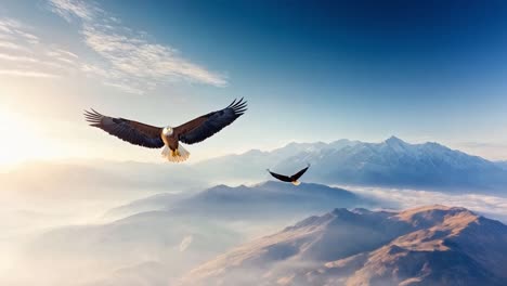 eagles soaring over misty mountains at sunrise