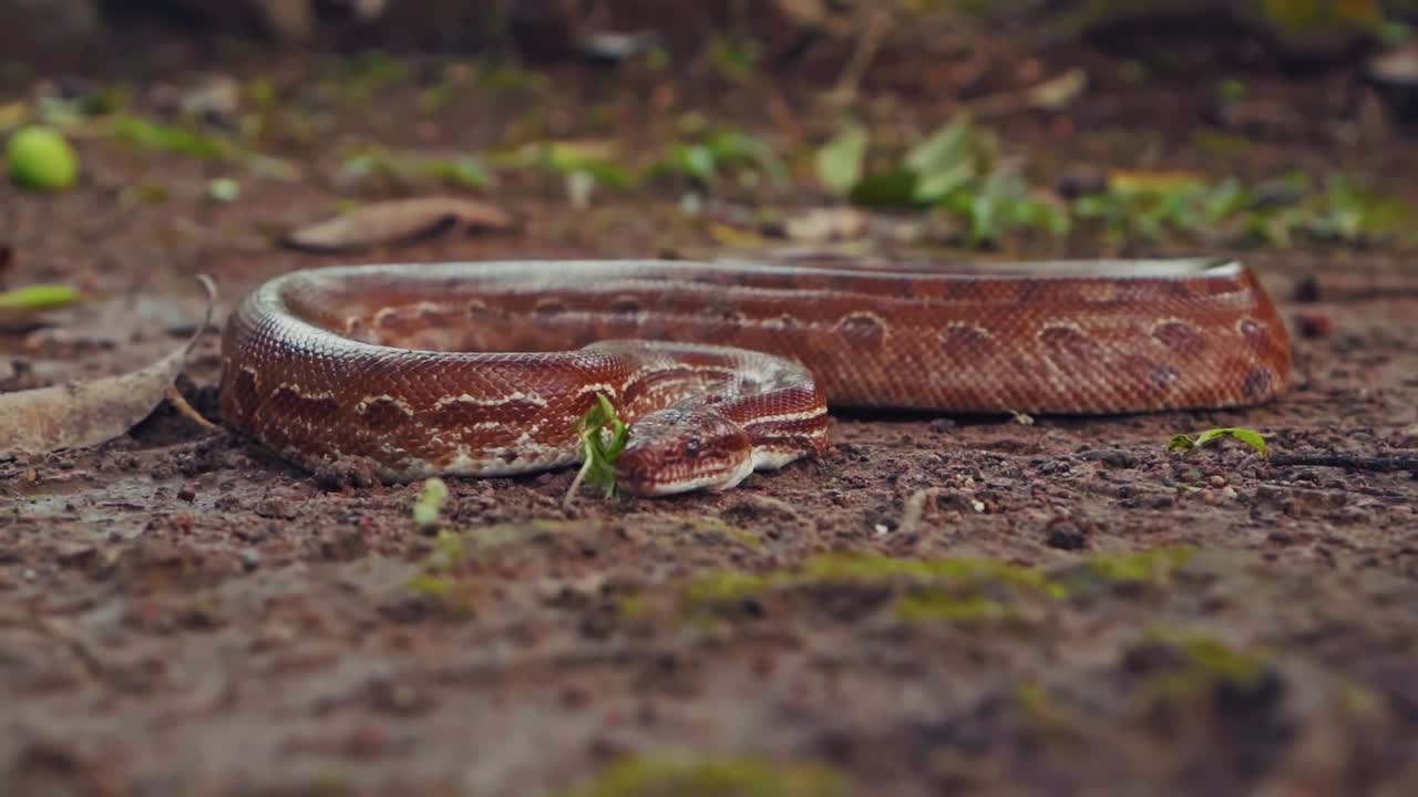 Rainbow arco iris boa, Epicrates cenchria, slithering across the ground in the vibrant Chapada dos Veadeiros National Park, displays its reddish-brown, iridescent scales