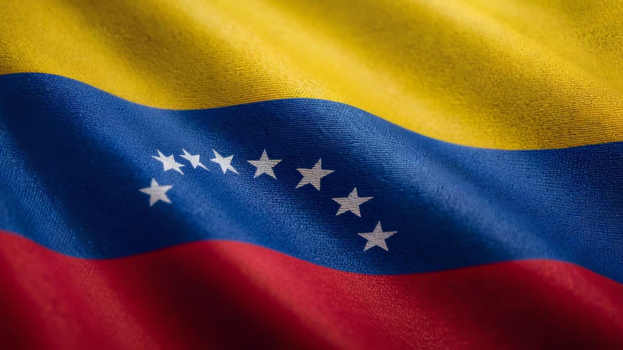 Close-up de uma bandeira da Venezuela tremulando na brisa, mostrando estrelas e dobras em movimento