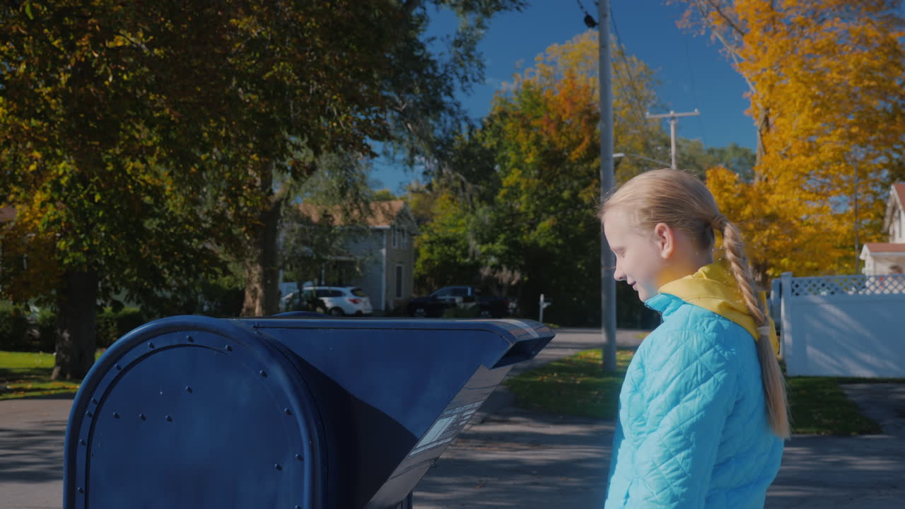 el niño lanzará la carta a un buzón en la calle. un hermoso día de otoño en los suburbios de los ee.uu.