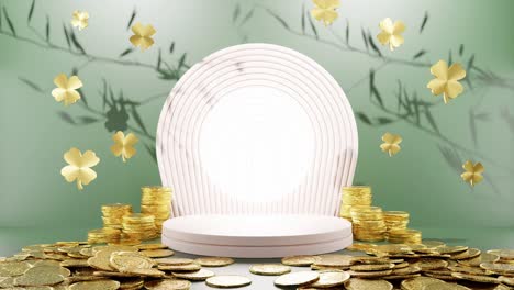 prosperity in bloom: golden coins and clover leaves surrounding a white circular display green background mockup