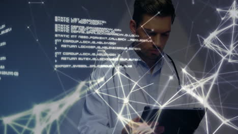 doctor using tablet, network connections and coding animation over background