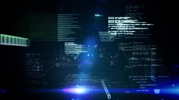 Central glowing blue light pulsing while floating code snippets linking data points in flat design