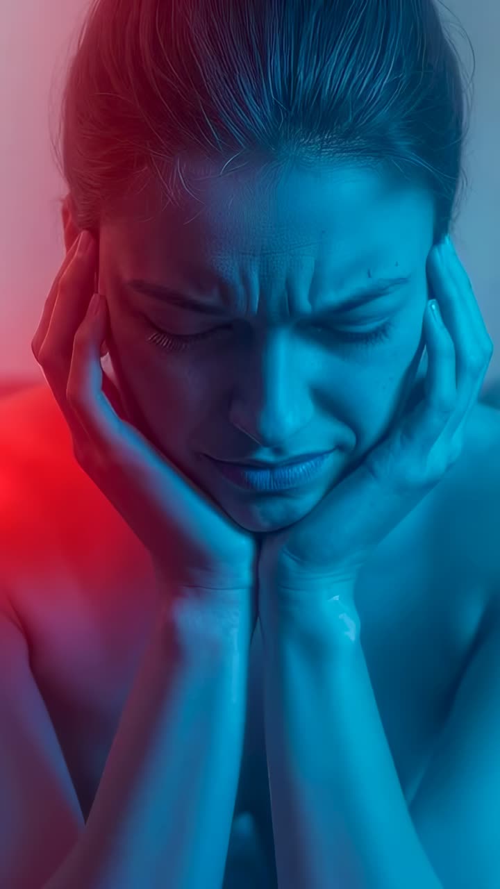 Video verticale: ripresa di una donna che si tiene il viso in studio, con le mani a coppa sulle guance