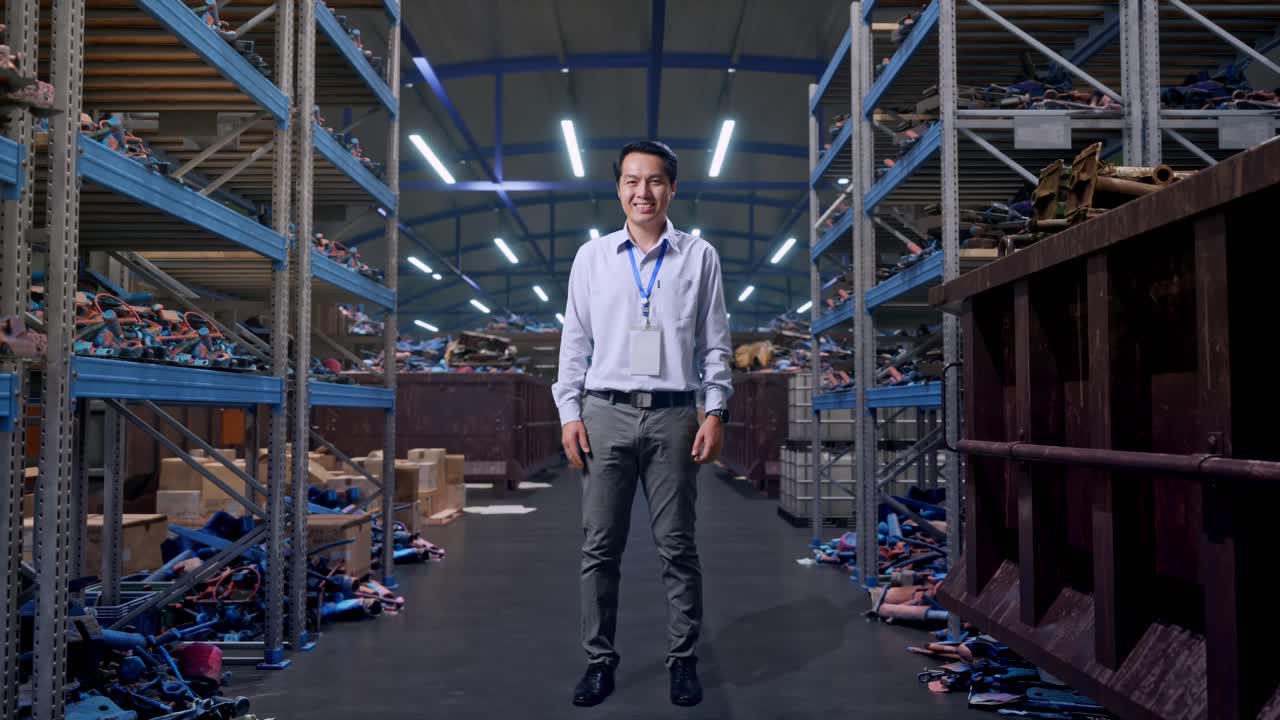 Ritratto a figura intera di un lavoratore professionista asiatico in piedi, in un magazzino industriale di rottami metallici e riciclaggio. Guarda la fotocamera e sorride.