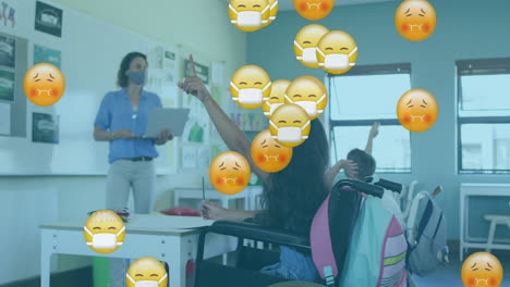 máscaras faciales múltiples y emojis de cara enferma cayendo contra la maestra que enseña en clase
