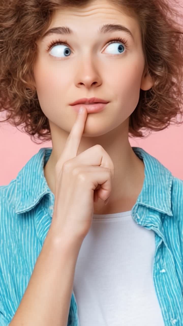 Curious Young Woman Contemplating With Finger to Lips, Surrounded by a Soft Pink Background, Expressing a Playful Sense of Wonder and Intrigue in Her Observant Pose