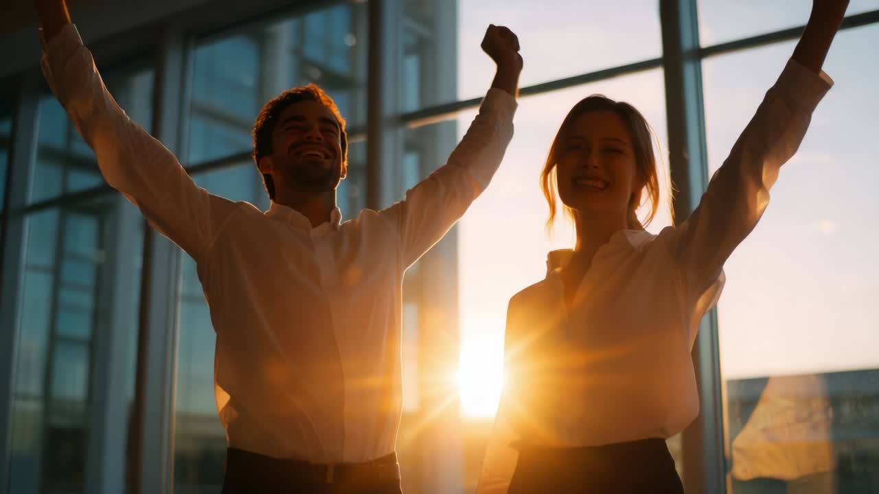 Joyful Celebration: A Man and Woman Erupt in Excitement as the Sun Sets Behind Them, Radiating Positive Energy and Happiness in a Modern, Brightly Lit Environment