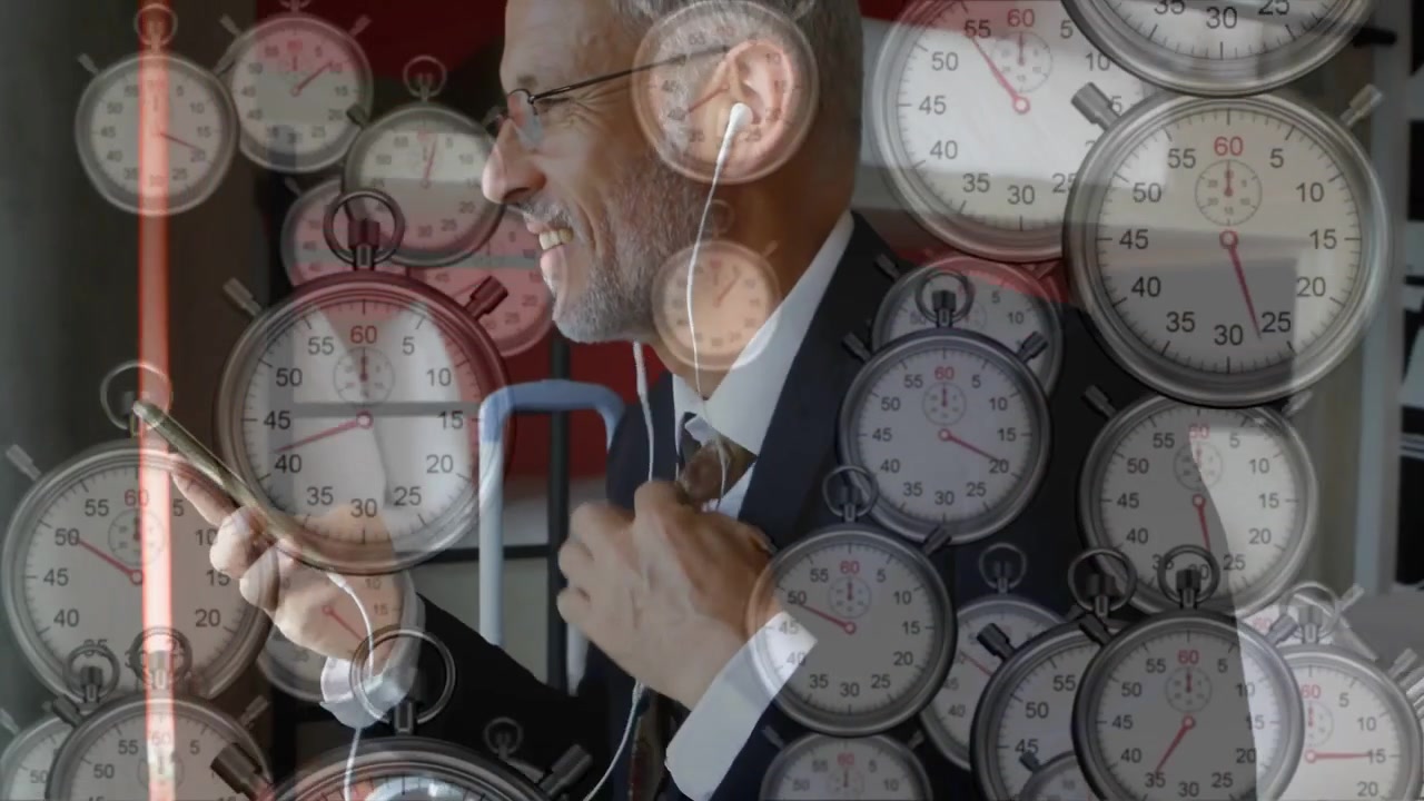 Businessman walking into room, reaching phone, inserting earbuds, speaking, stopwatches overlaying
