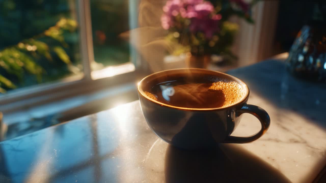 Uma cena matinal tranquila com uma xícara de café fumegante sobre uma bancada de mármore, capturando a luz solar quente que entra por uma janela com plano de fundo floral