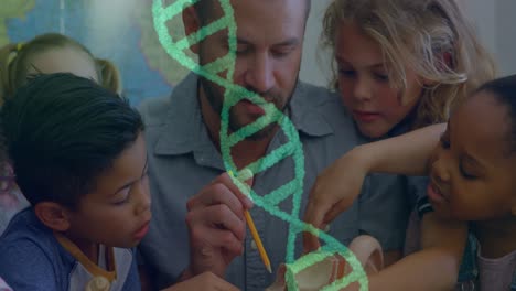 Animation-Eines-Sich-Drehenden-DNA-Strangs-über-Glücklichen,-Vielfältigen-Schülern-Mit-Lehrer