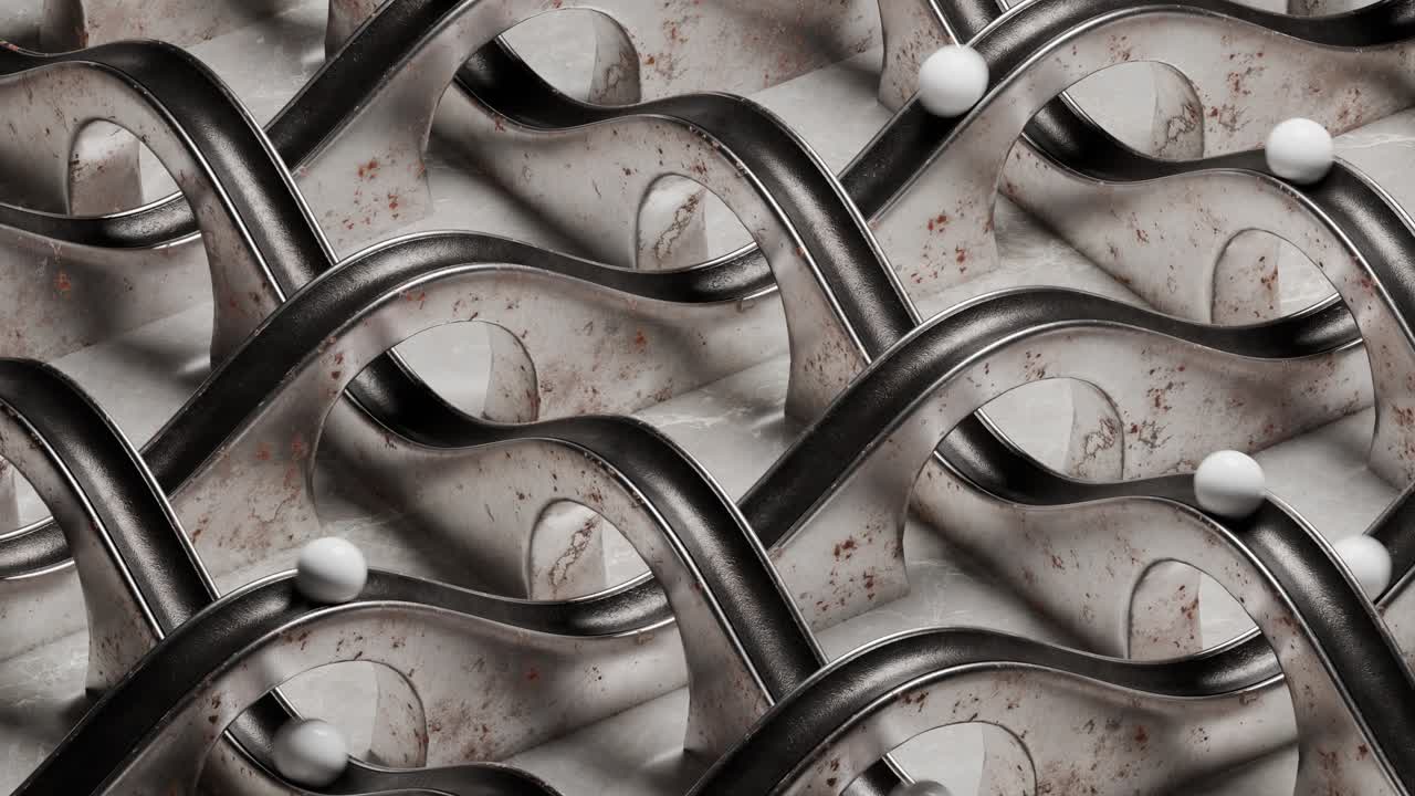 Motivo geometrico astratto con curve e sfere di metallo arrugginito