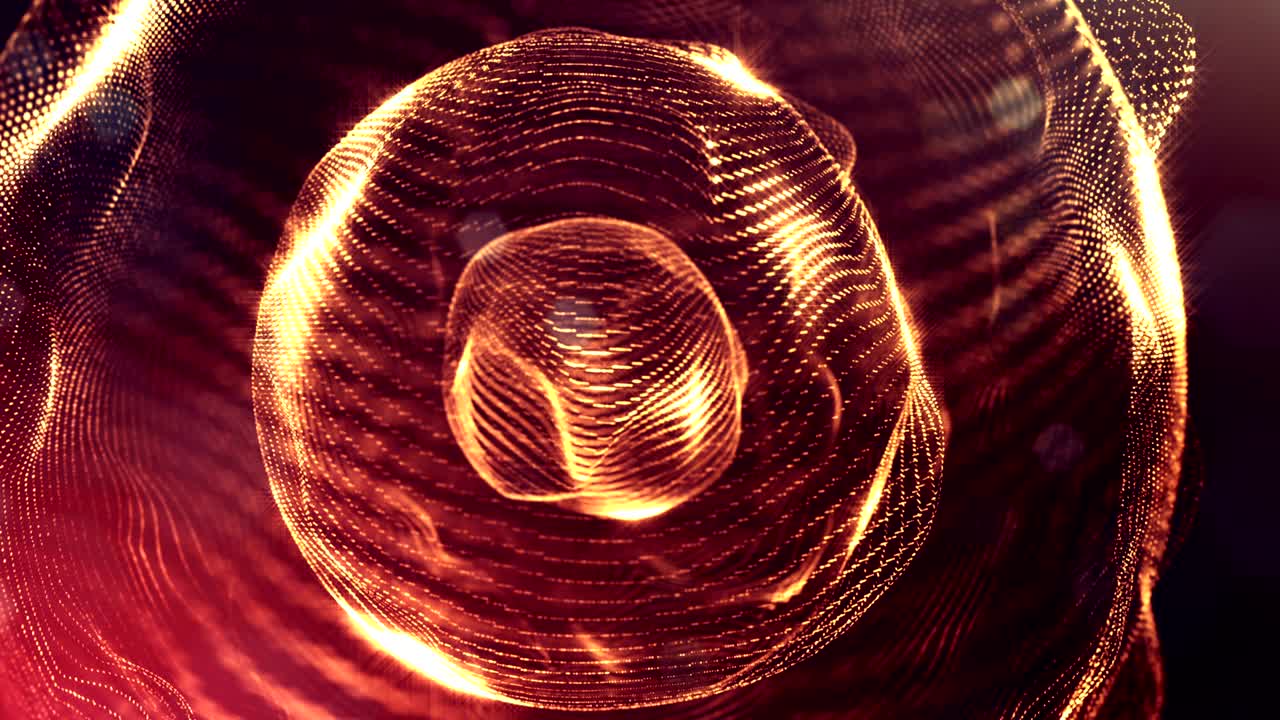 composición dorada compleja con partículas luminosas que forman estructuras onduladas en el aire. animación suave en bucle 4k 3d con partículas de brillo. microworld de ciencia ficción o fondo espacial. 24