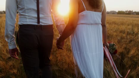 pareja caminando en un campo de trigo al atardecer