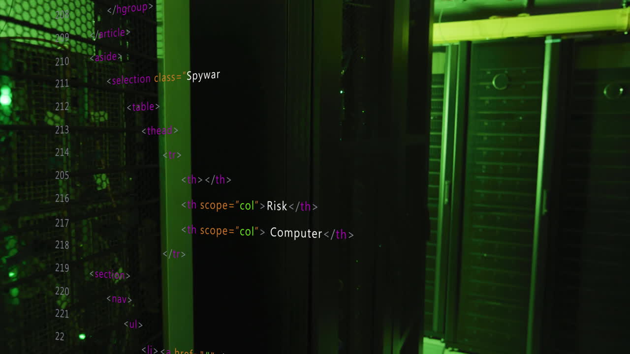 animação de código html sobre sala de servidor iluminada a verde