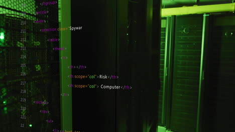 animación de código html en la sala del servidor con luz verde