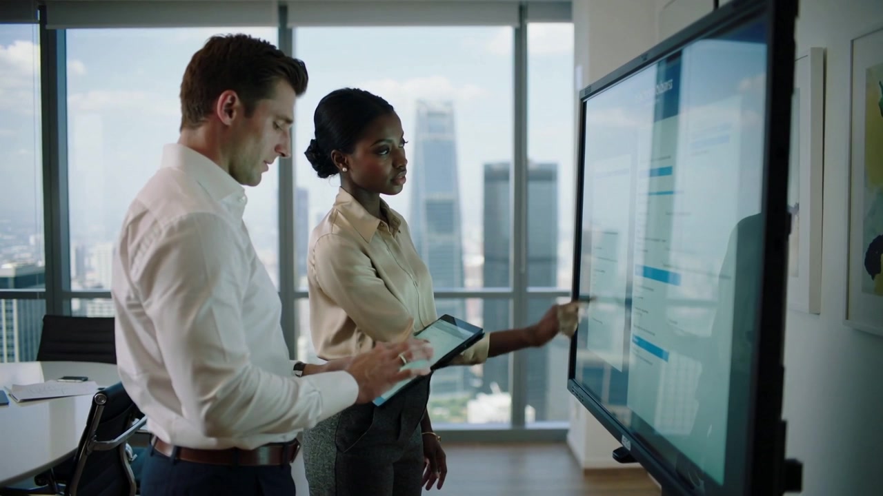 Pointing woman and man in office attire tapping tablet, aligning it to wall touchscreen for review