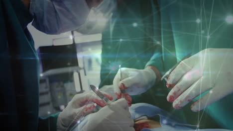 surgeons performing operation with network connections animation over medical scene