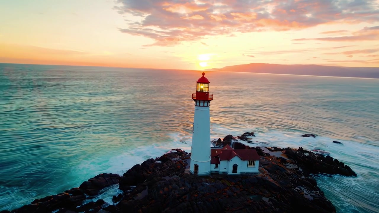 Faro su un'isola rocciosa con le onde dell'oceano al tramonto
